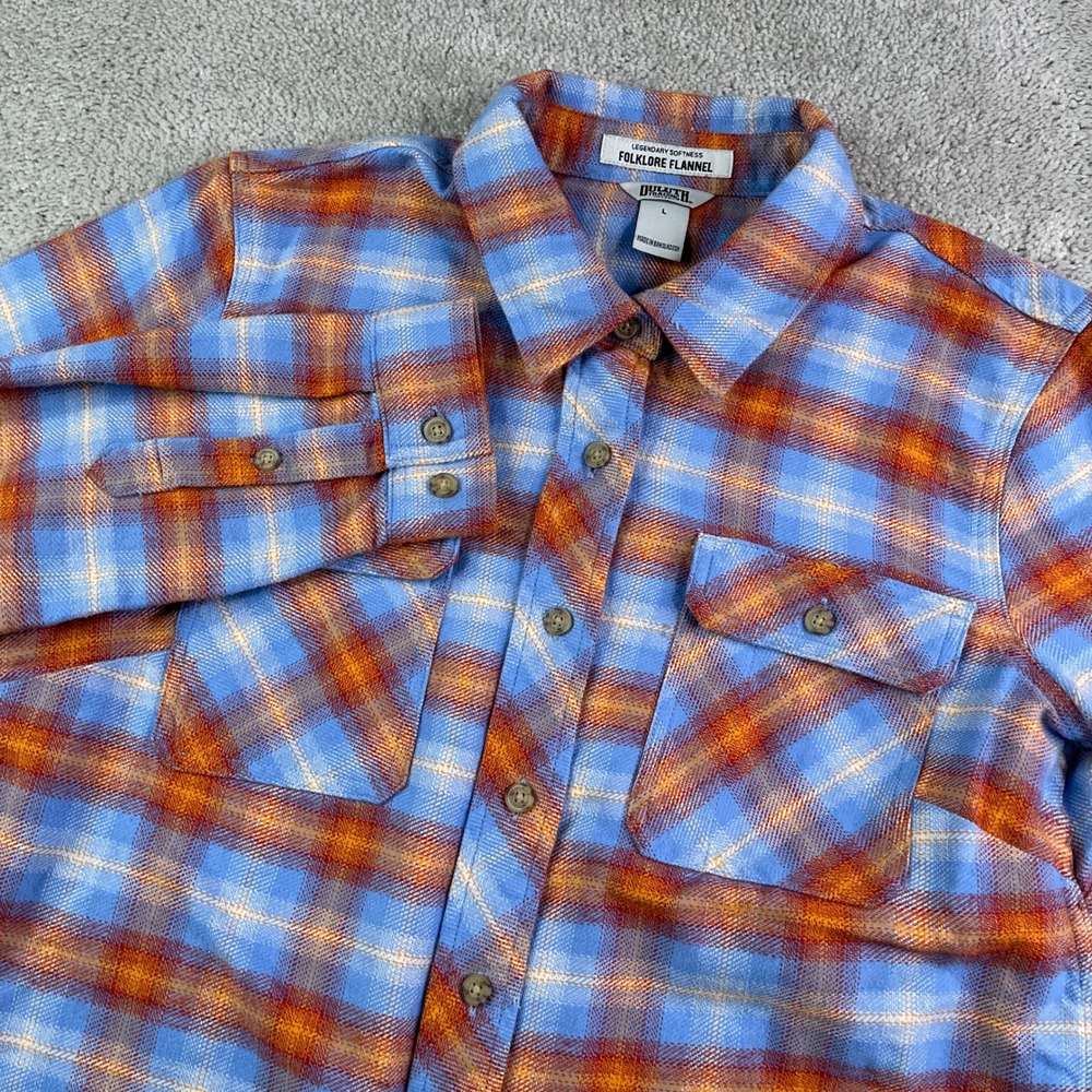 Duluth Shirt Womens Large Blue Orange Plaid Folklore Flannel Outdoor Workwear